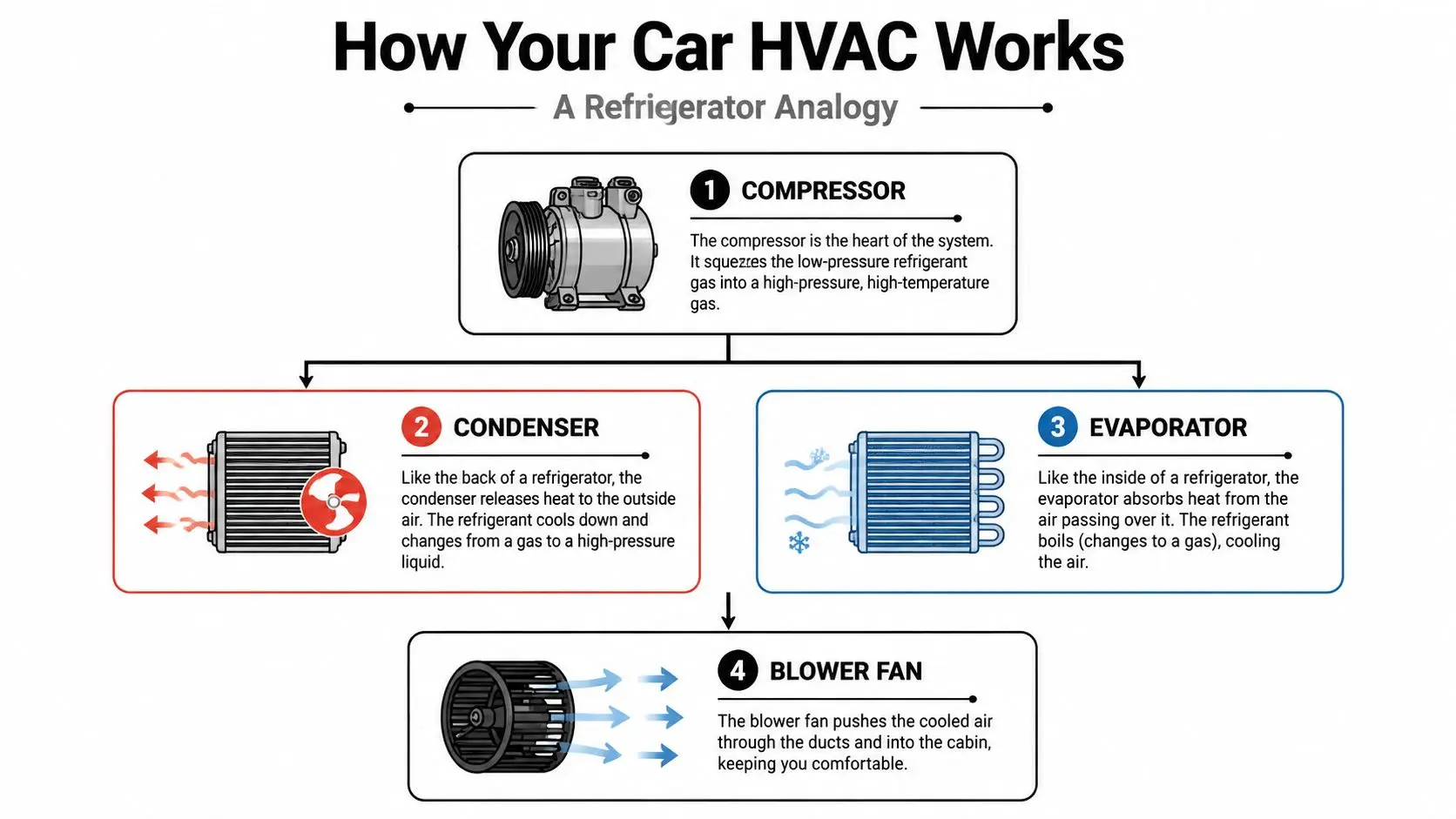A diagram explaining how a car HVAC system works using a refrigerator analogy and four main components.