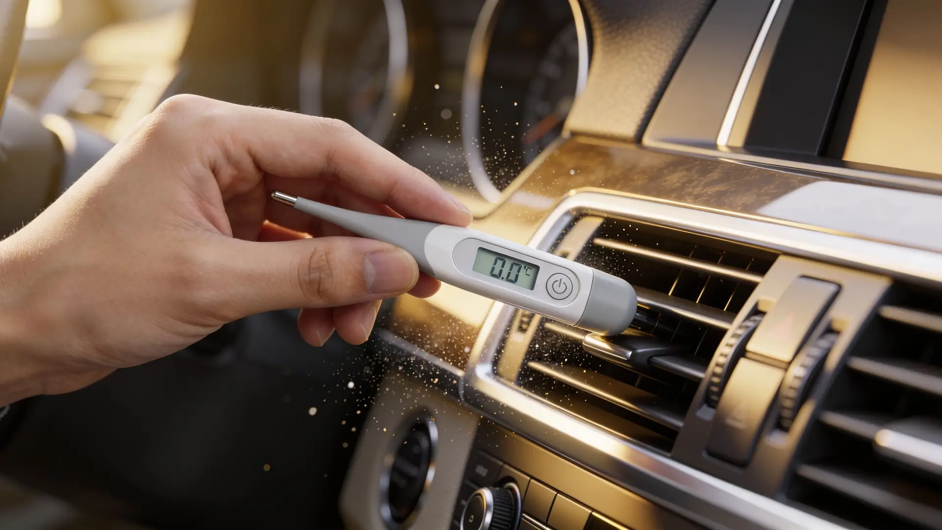 A hand holds a digital thermometer measuring the cold air output of a car air conditioning vent.