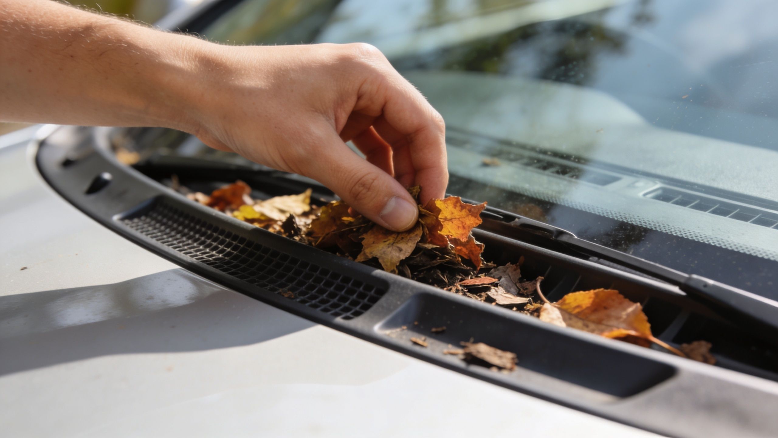 A person's hand removing dried autumn leaves from the air intake vent of a car windshield.
