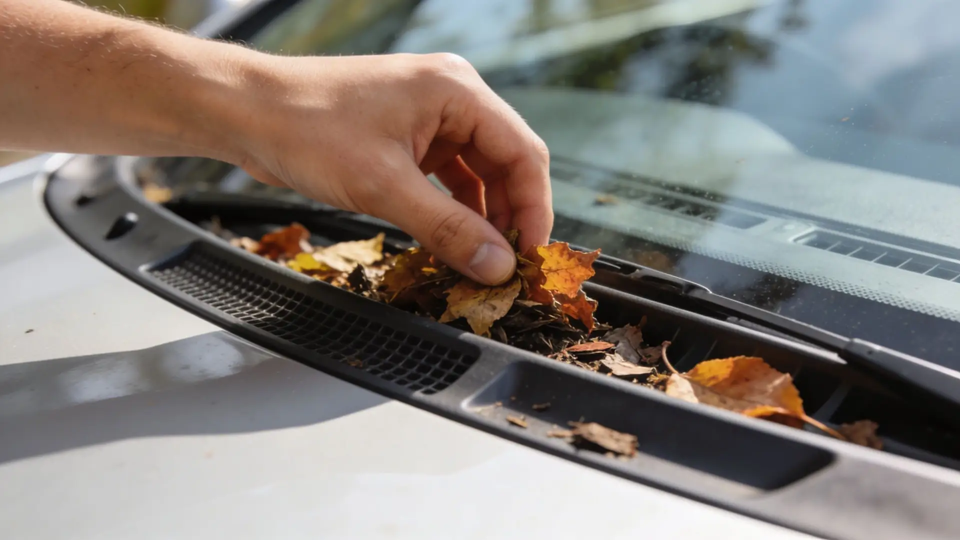 A person's hand removing dried autumn leaves from the air intake vent of a car windshield.