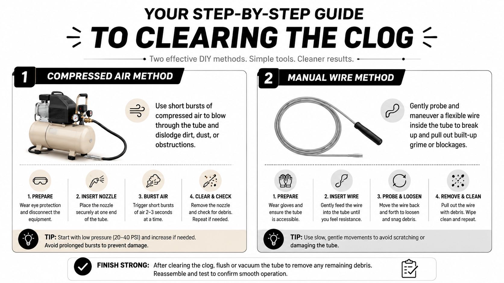 A step-by-step infographic showing how to clear a clogged drain using compressed air or manual wires.