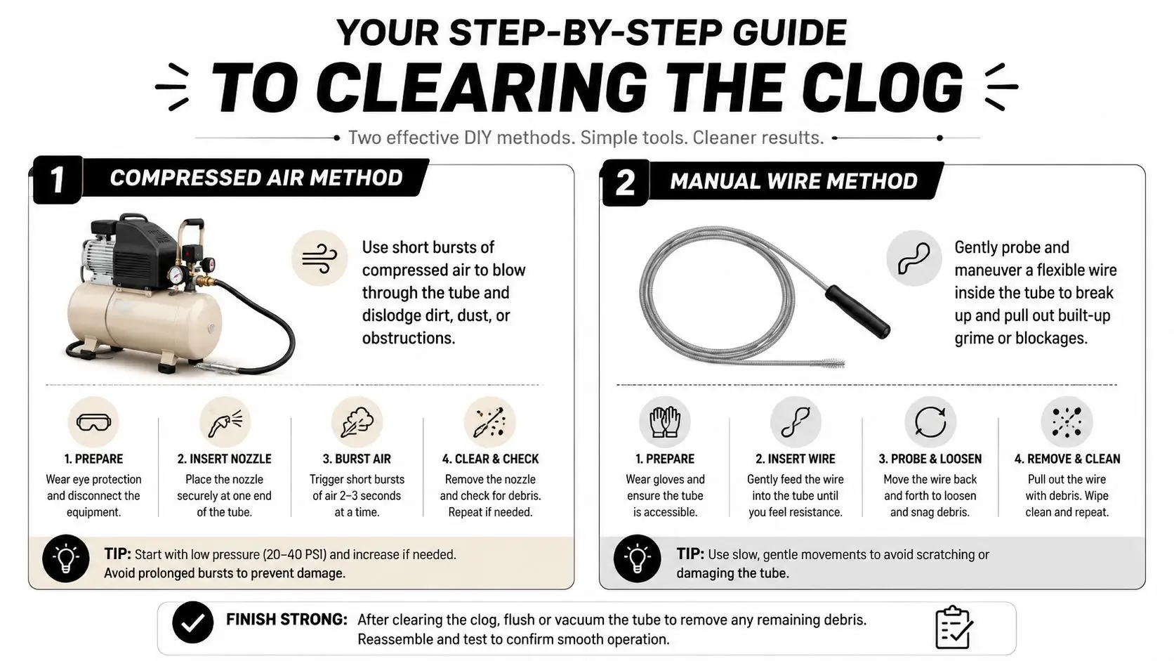 A step-by-step infographic showing how to clear a clogged drain using compressed air or manual wires.