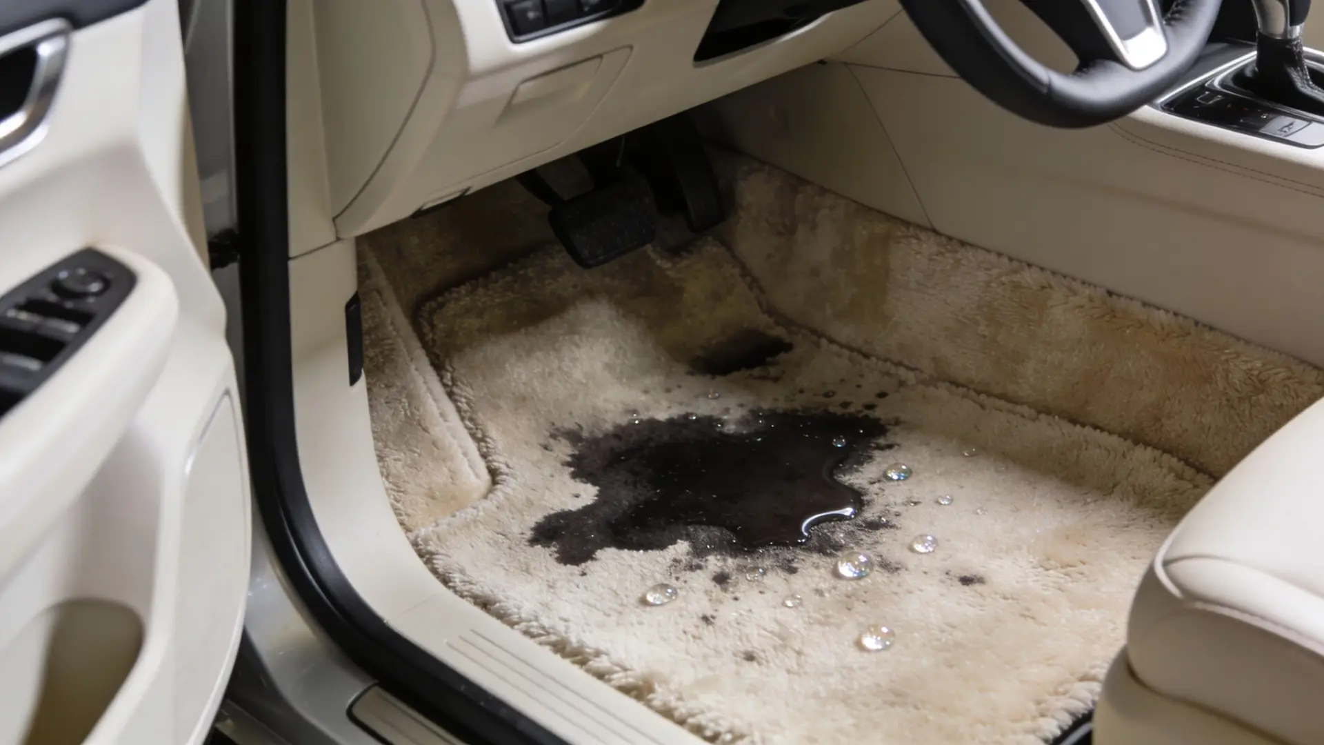 A beige car floor mat stained by a dark puddle indicating a clogged air conditioning drain leak.