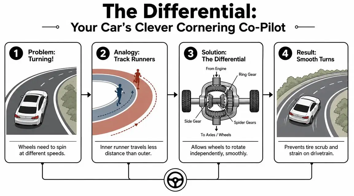 A diagram explaining how a car differential allows wheels to spin at different speeds during turns.