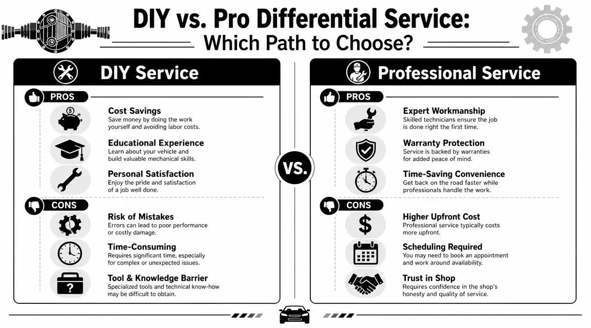 A comparison infographic showing the pros and cons of performing DIY differential service versus hiring professional mechanics.