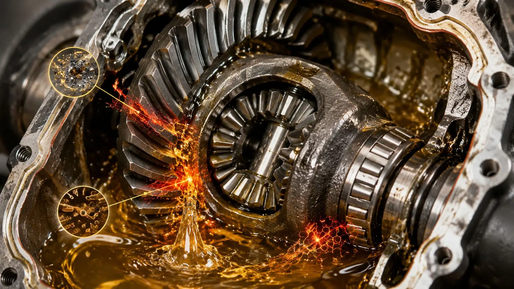A close-up view of a vehicle differential gear assembly showing signs of significant mechanical wear and debris.