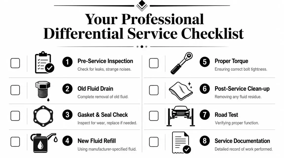 A professional differential service checklist graphic showing eight numbered steps for vehicle maintenance and fluid replacement.