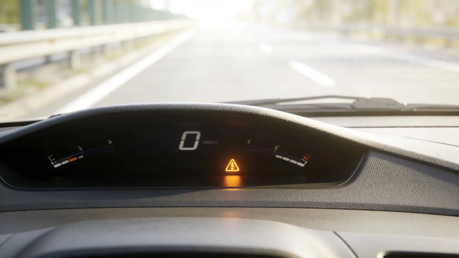 A car dashboard displaying a zero speedometer reading and an orange triangle hazard warning light