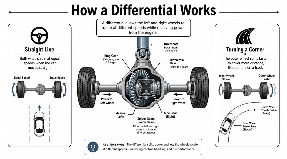 An infographic diagram illustrating how an automotive differential allows wheels to rotate at different speeds when turning.