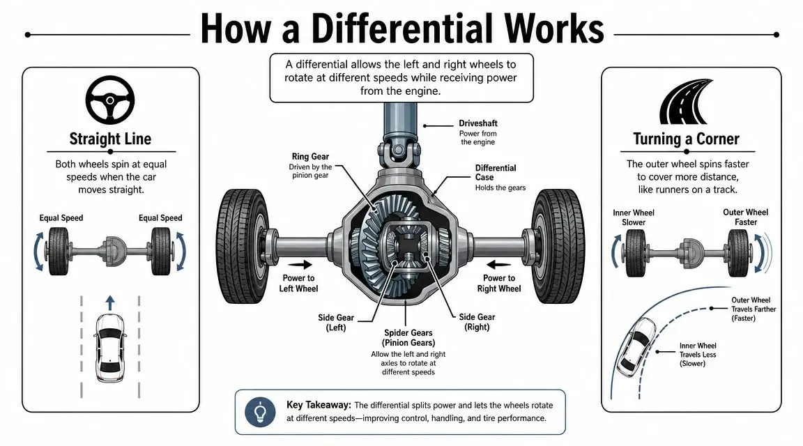 An infographic diagram illustrating how an automotive differential allows wheels to rotate at different speeds when turning.