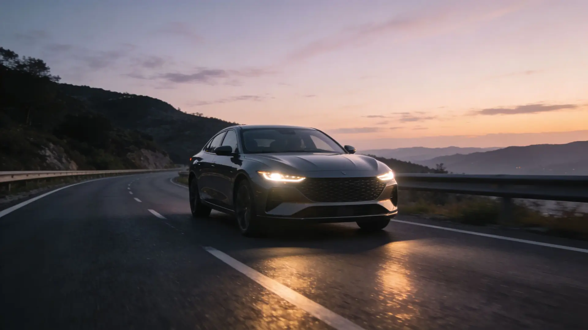 A modern grey sedan driving along a winding mountain road during a beautiful golden sunset.