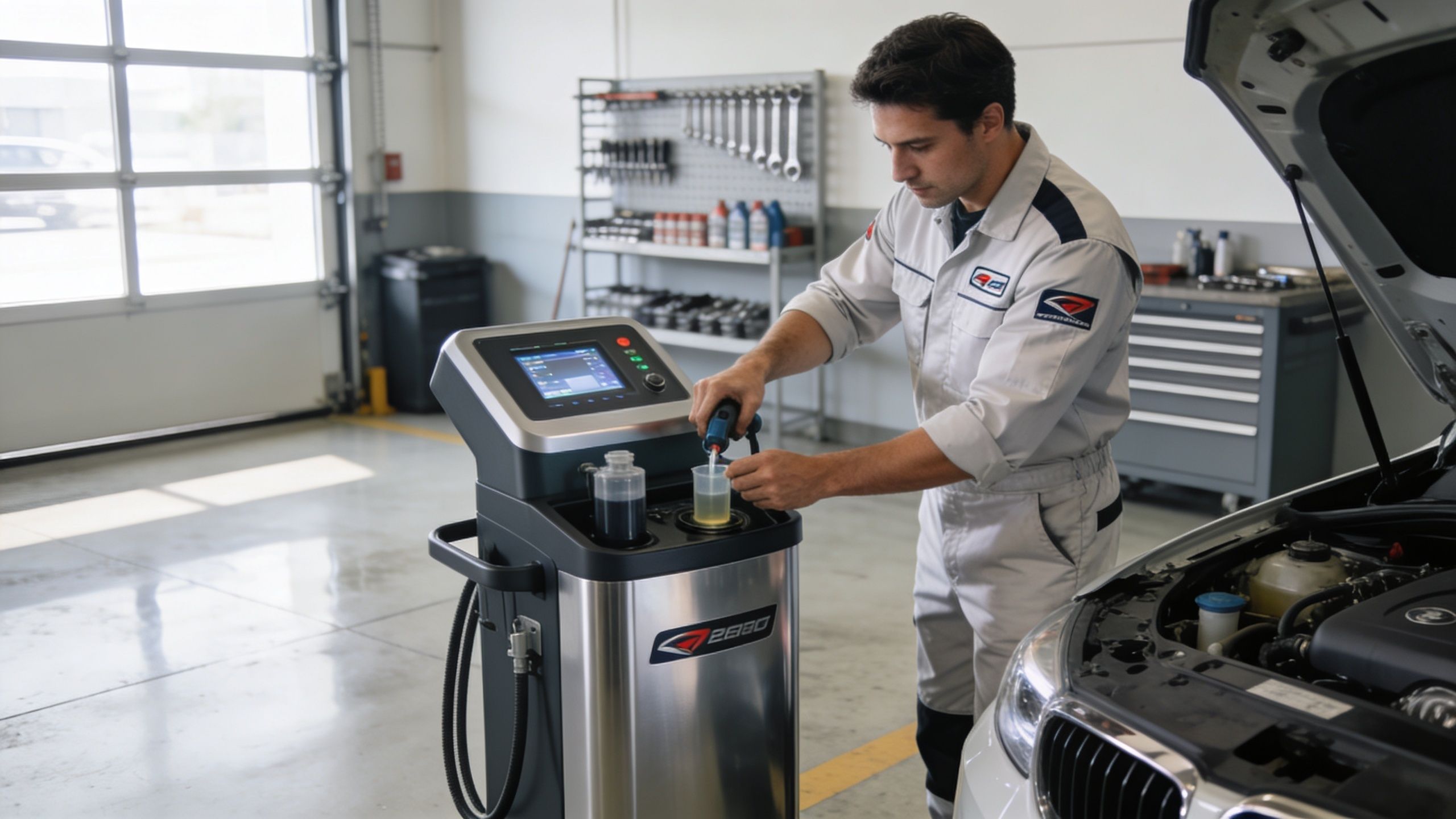 A professional automotive technician using a fluid flushing machine to service a vehicle in a repair shop.