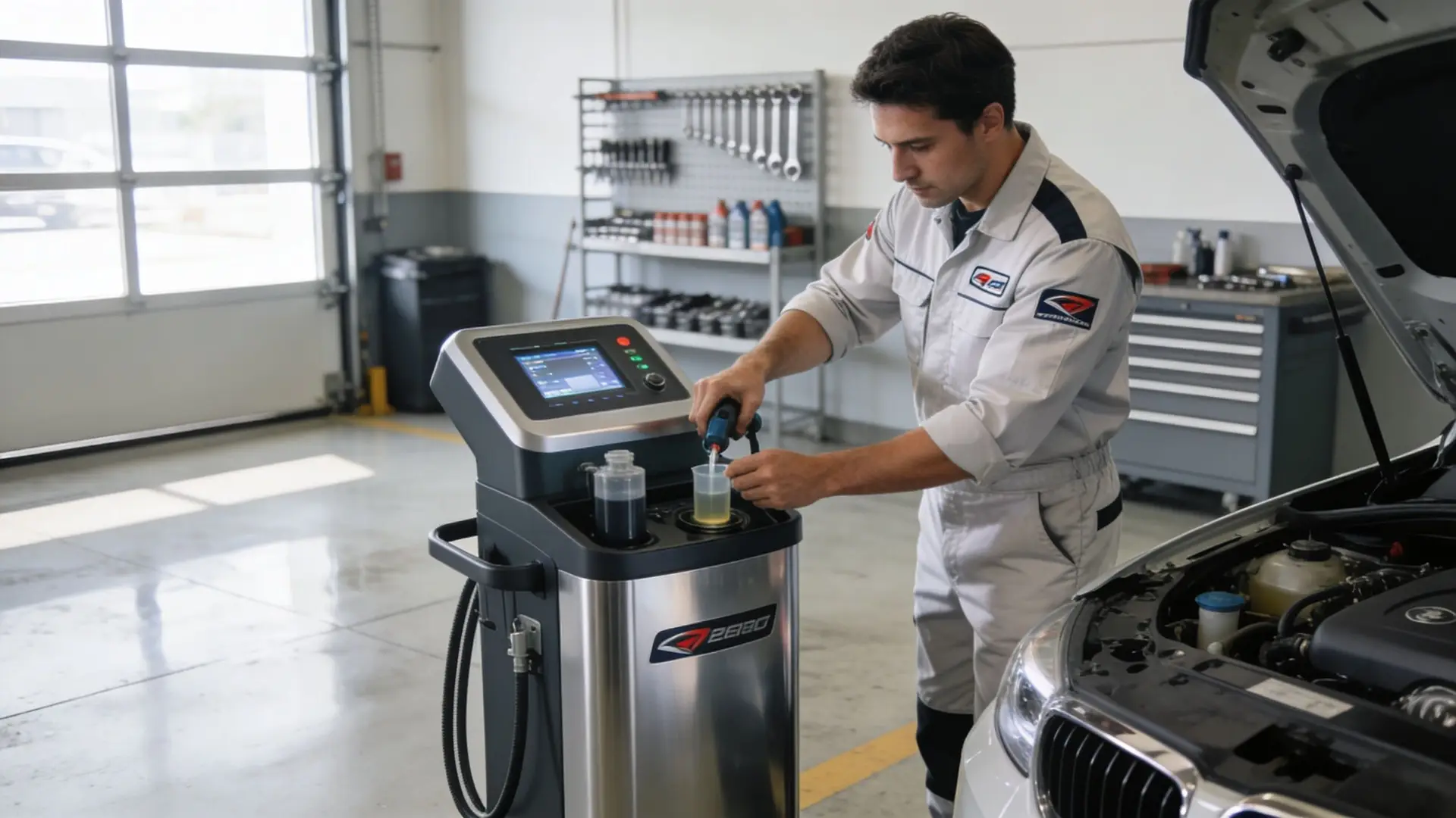 A professional automotive technician using a fluid flushing machine to service a vehicle in a repair shop.