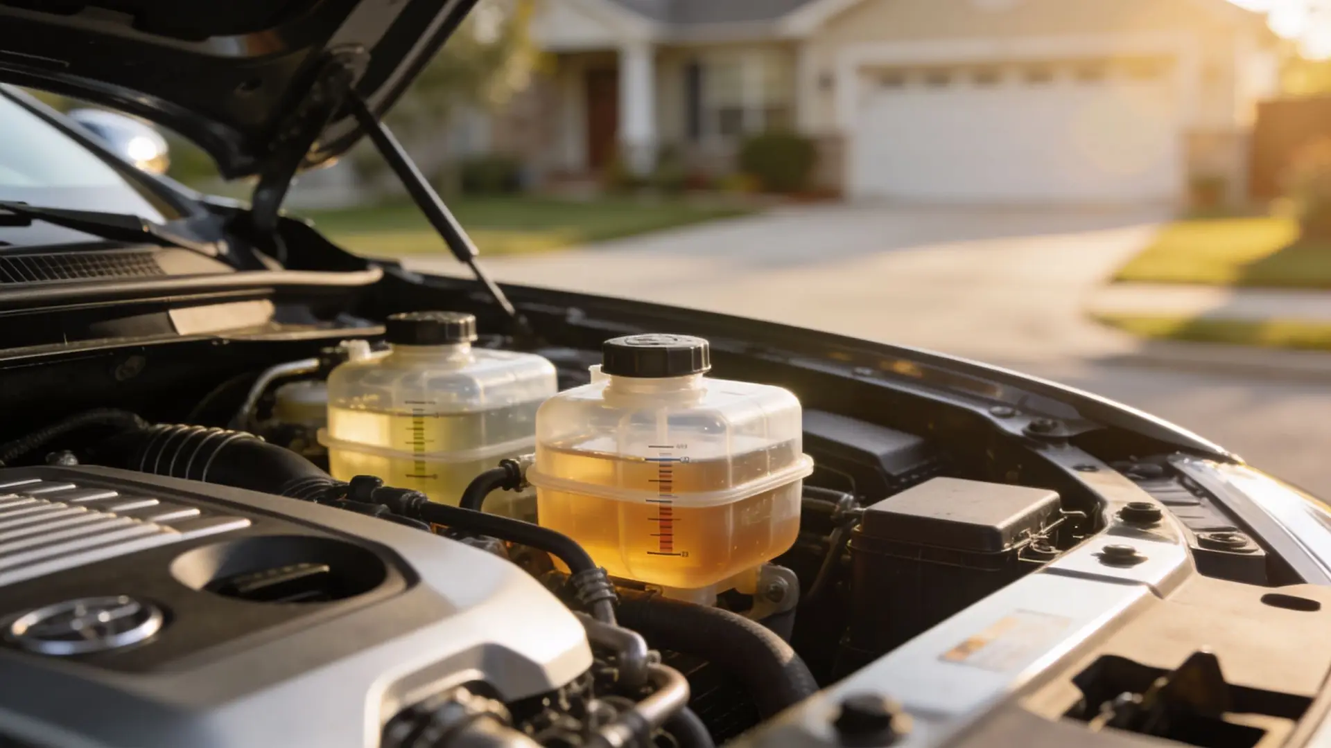 Open car hood displaying clear plastic reservoirs containing automotive fluids for engine maintenance and care.