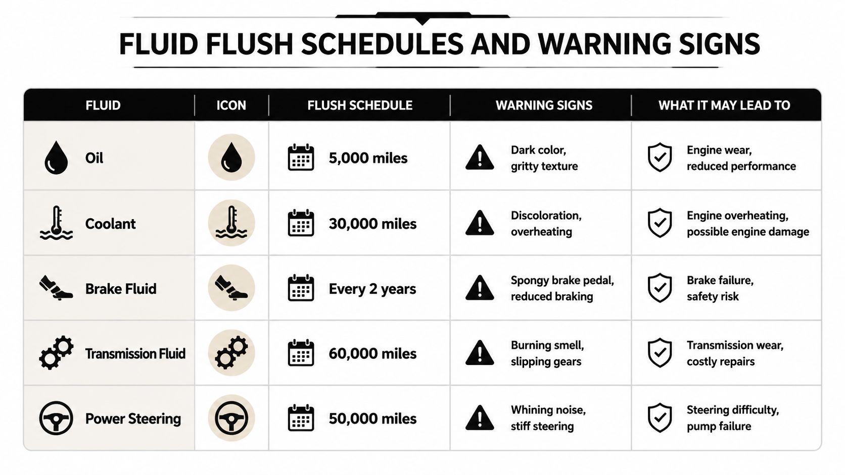 A chart detailing recommended maintenance schedules, warning signs, and potential issues for various essential car fluids.