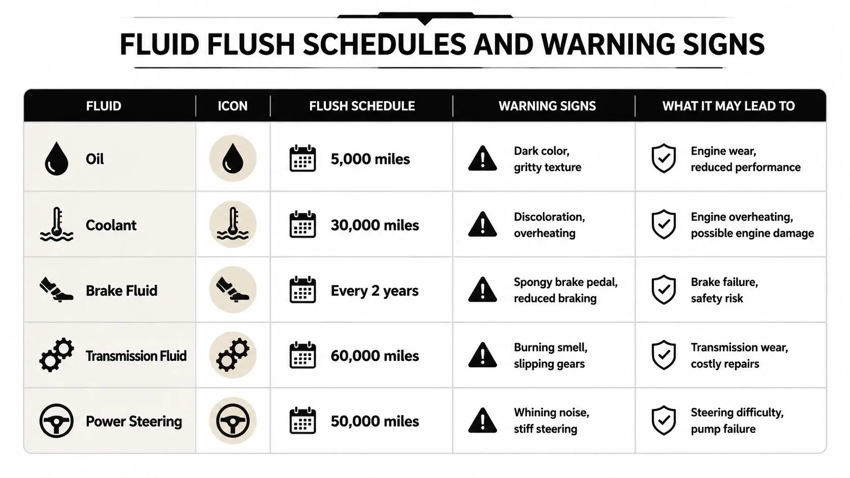 A chart detailing recommended maintenance schedules, warning signs, and potential issues for various essential car fluids.