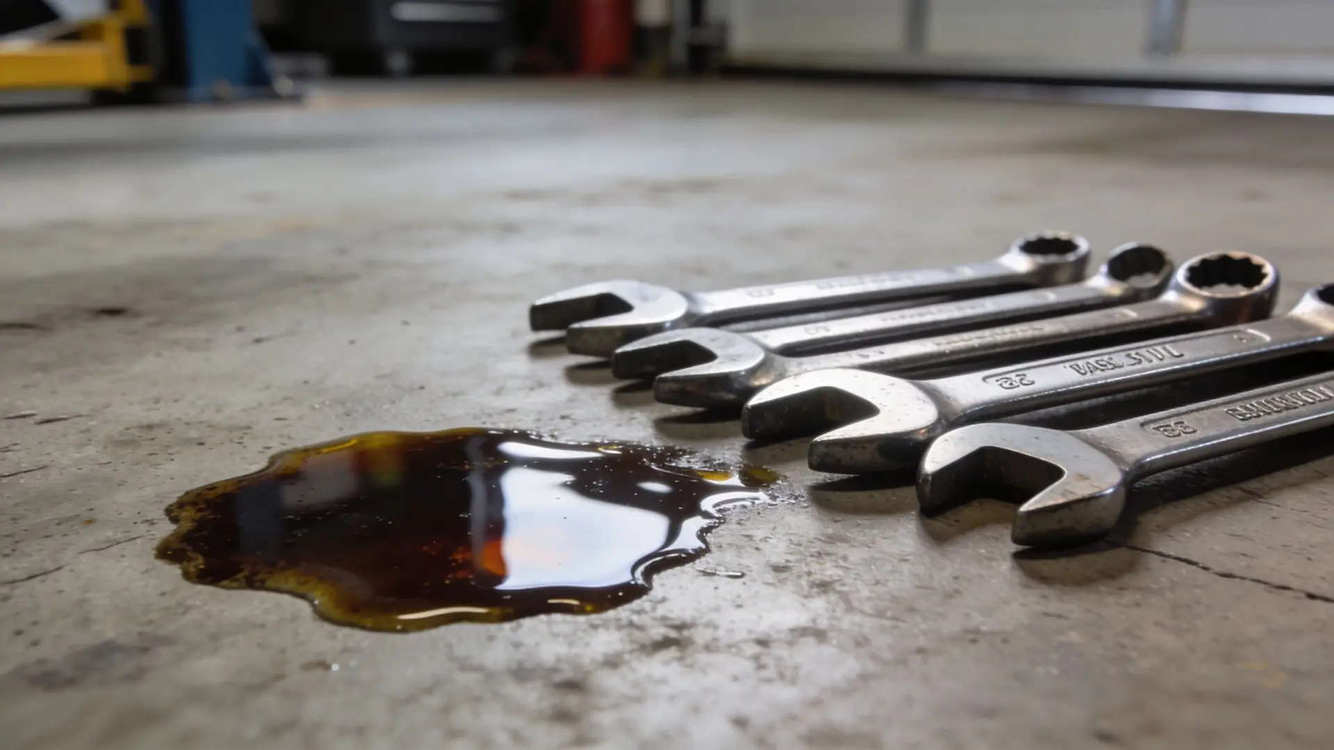 A puddle of dark oil sits on a concrete floor next to several metal mechanic wrenches.