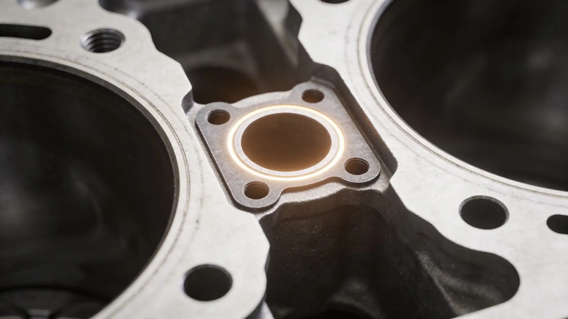 Close-up of a clean engine block surface showing a coolant passage port and cylinder bores.