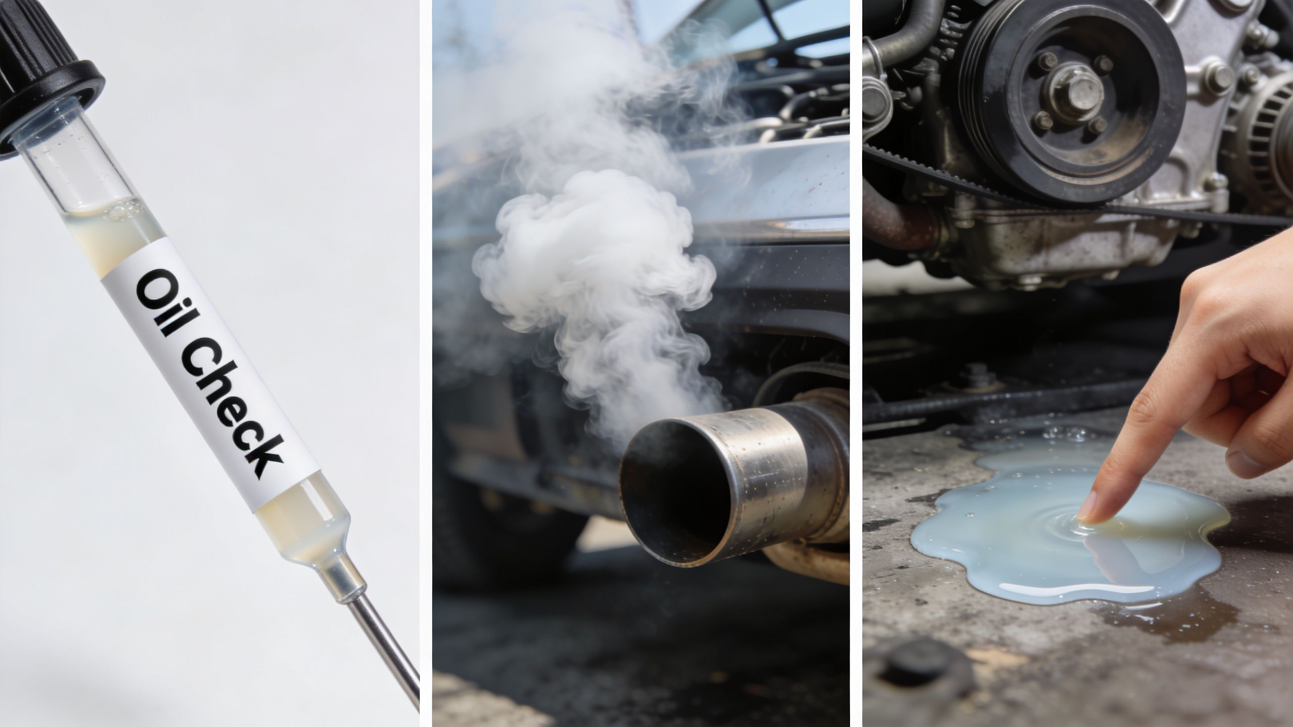 A collage showing an oil test, white smoke from a car exhaust, and coolant leaking on the ground.