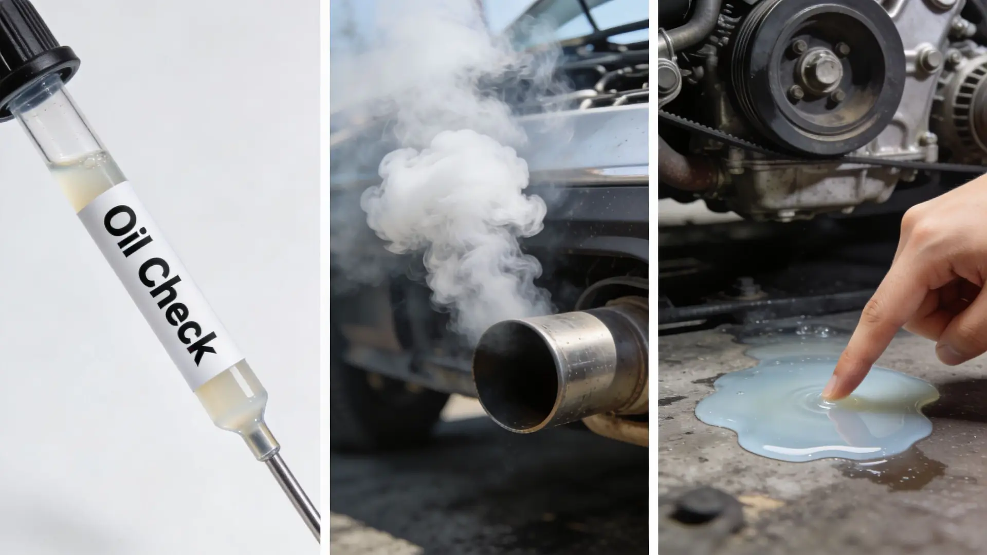A collage showing an oil test, white smoke from a car exhaust, and coolant leaking on the ground.