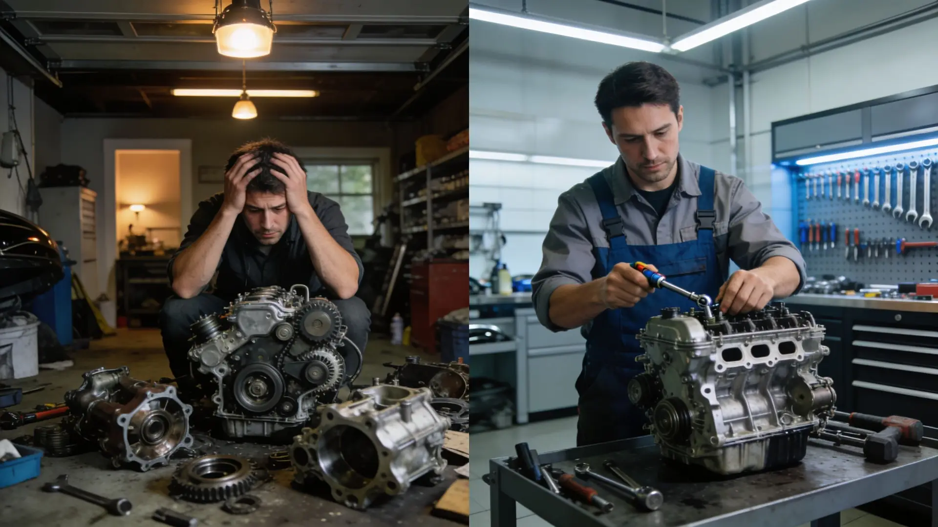 A split screen comparing a stressed mechanic fixing an engine to a professional mechanic working confidently.