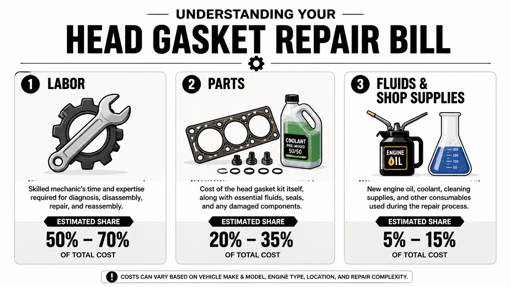 An infographic showing the breakdown of head gasket repair costs into labor, parts, and shop supplies.