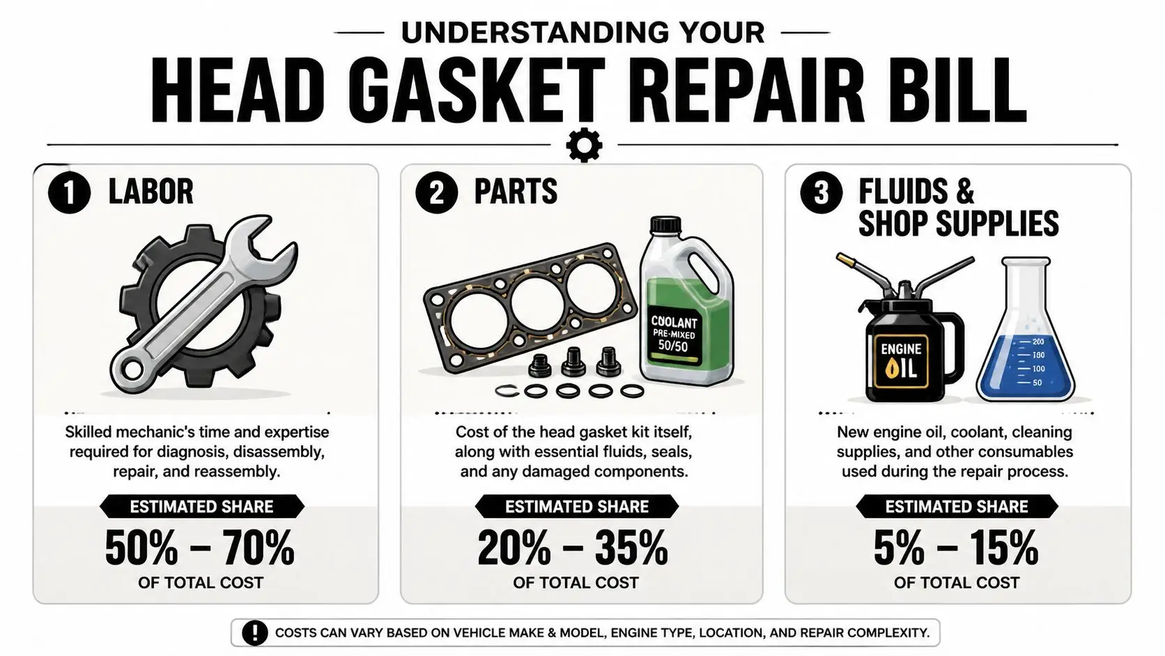 An infographic showing the breakdown of head gasket repair costs into labor, parts, and shop supplies.