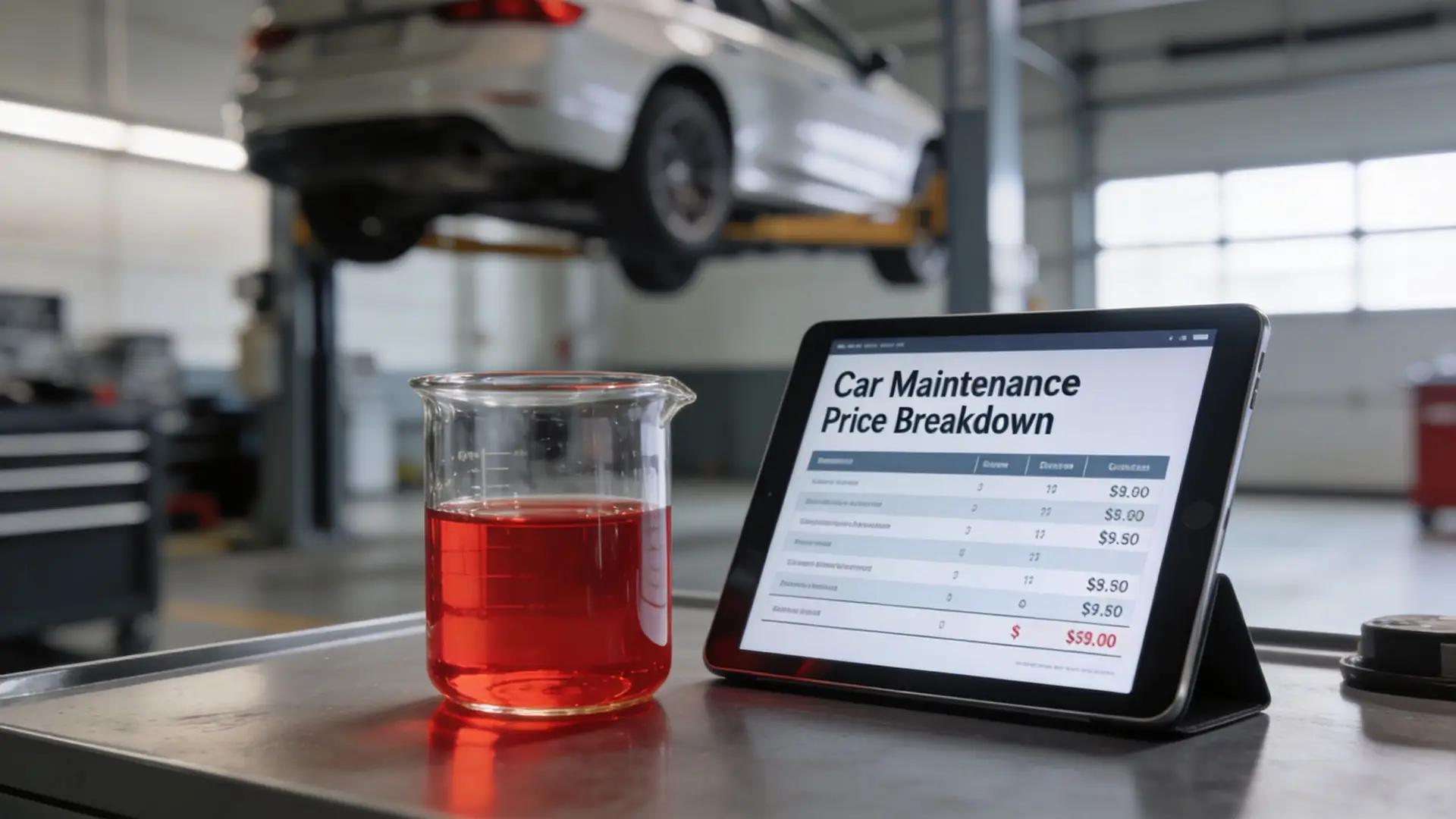 A digital tablet displaying a car maintenance price breakdown sits beside a beaker of red transmission fluid.