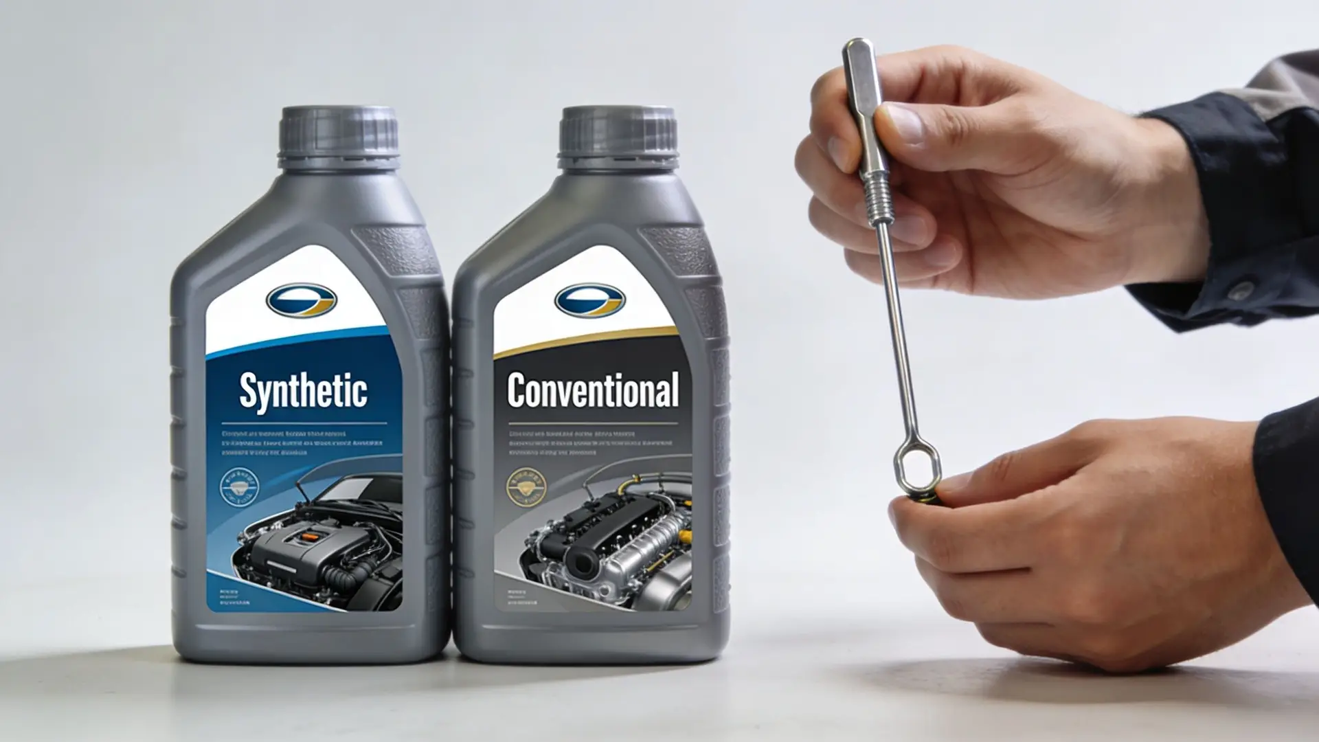 A person holding an oil dipstick next to two motor oil bottles labeled synthetic and conventional oil.
