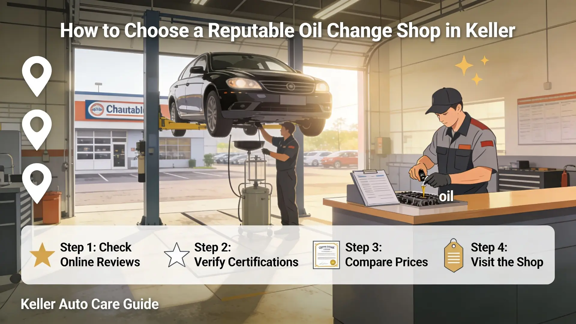 A guide on how to choose a reputable oil change shop in Keller featuring four helpful steps.