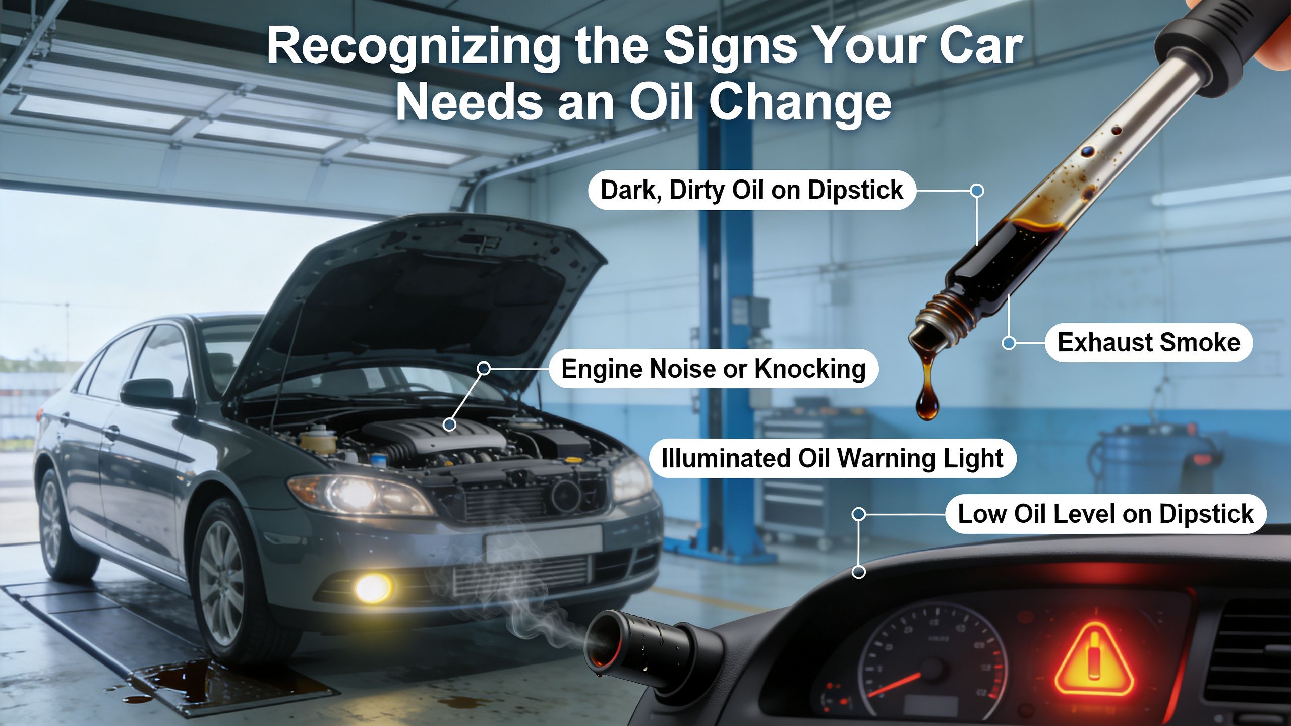 An infographic showing common signs your car needs an oil change, including dirty oil, engine noise, and warning lights.