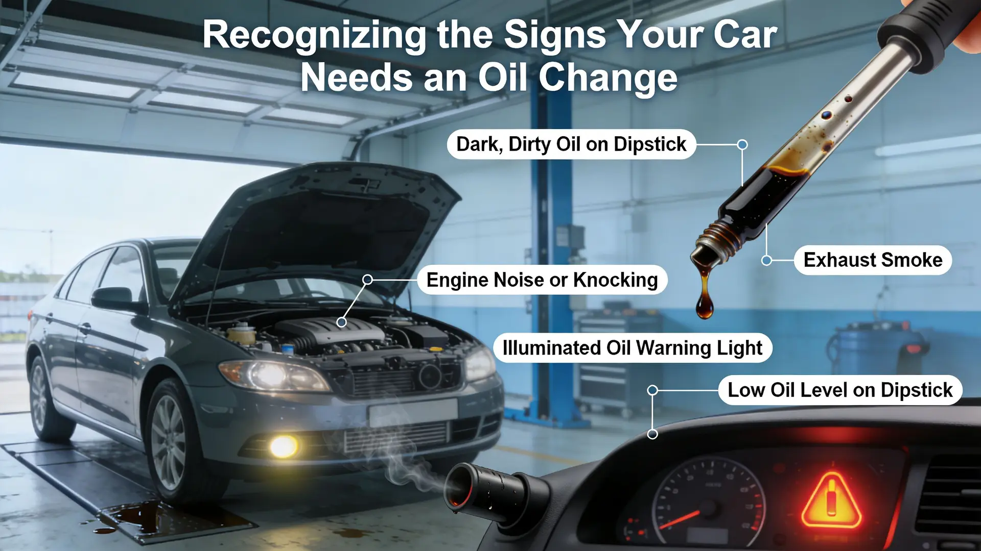 An infographic showing common signs your car needs an oil change, including dirty oil, engine noise, and warning lights.