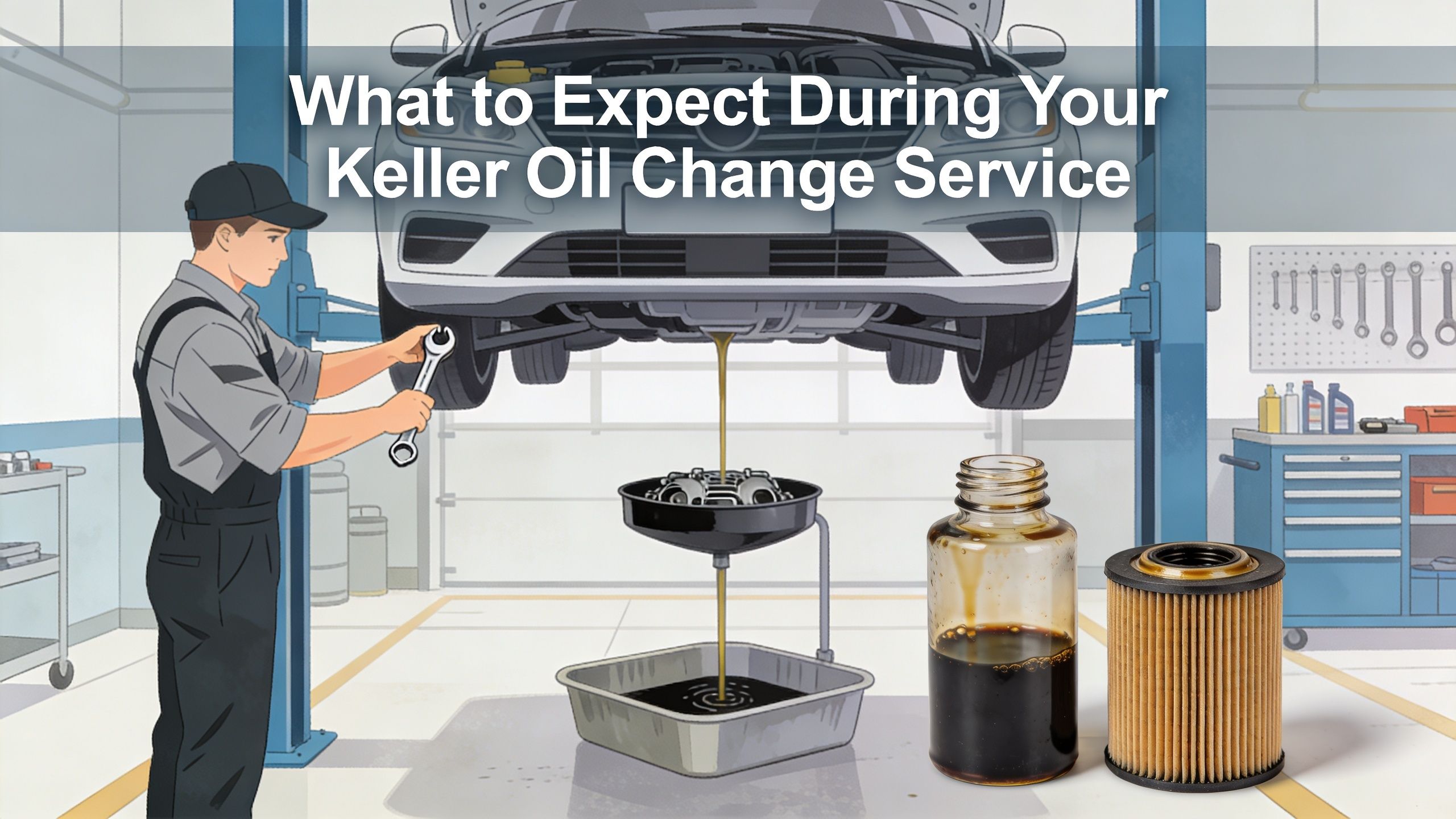 A professional mechanic performing a routine oil change on a car elevated in a repair shop.