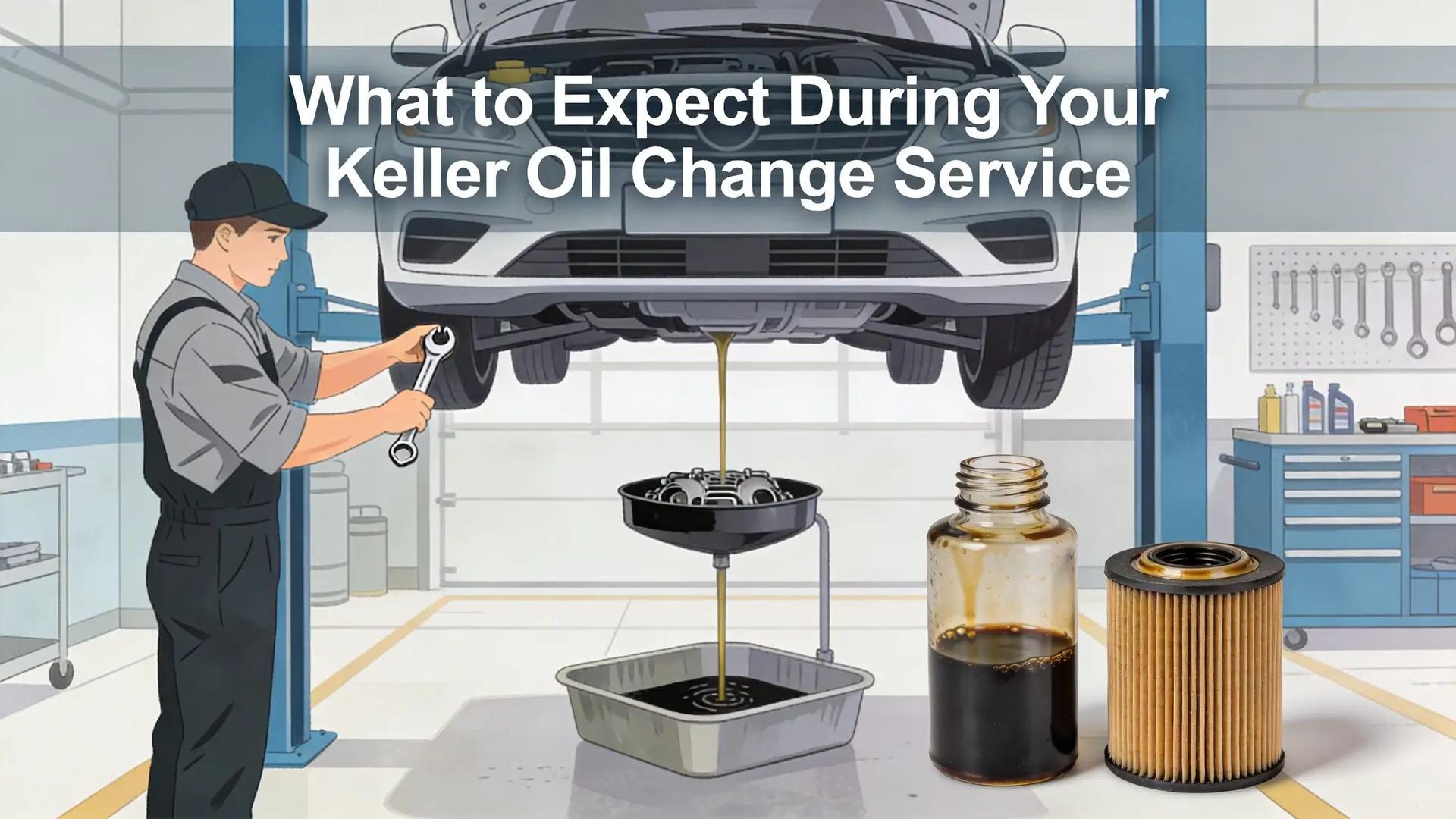 A professional mechanic performing a routine oil change on a car elevated in a repair shop.