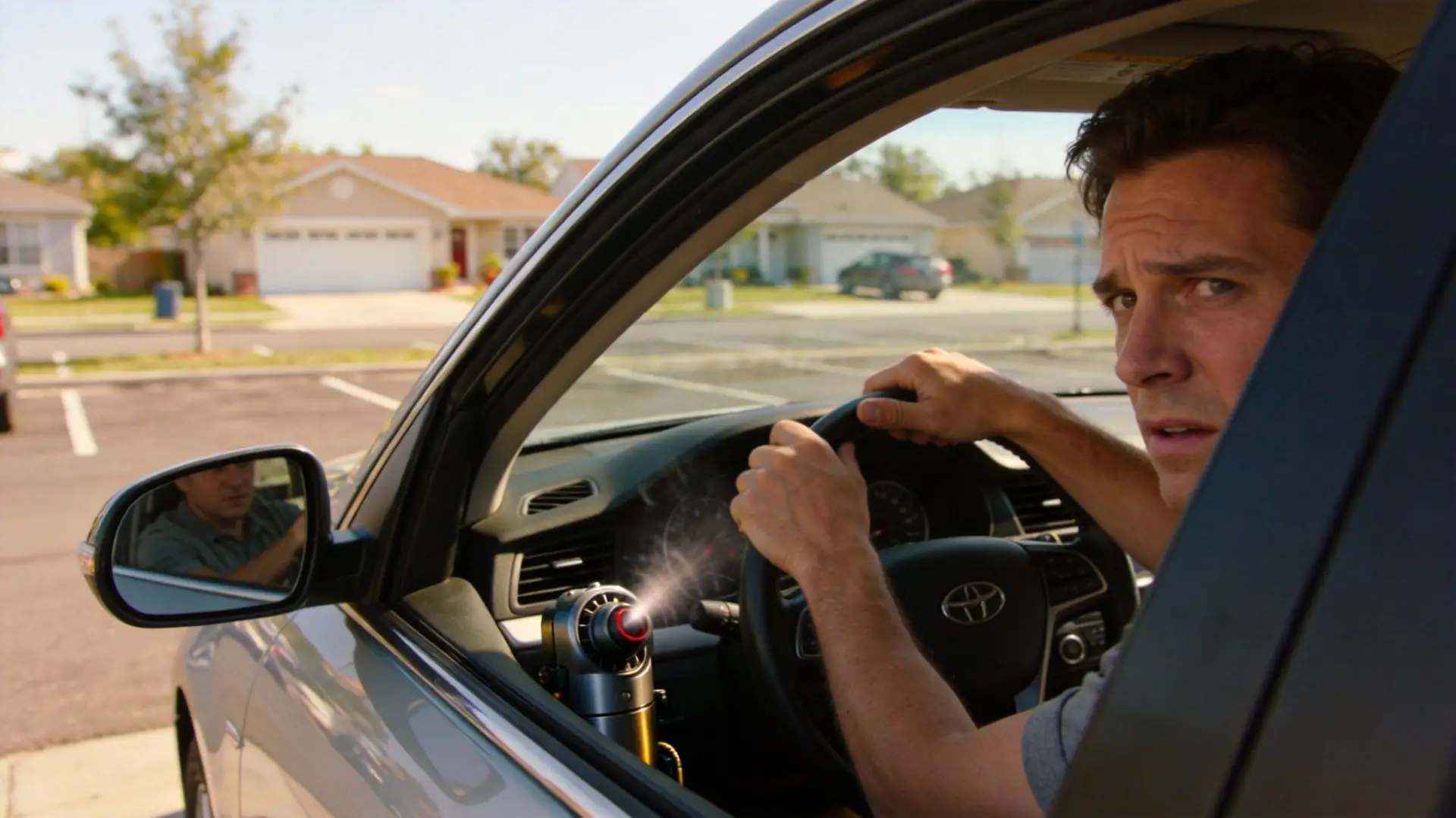 A man looking concerned in the driver's seat of a car with a device misting the dashboard.