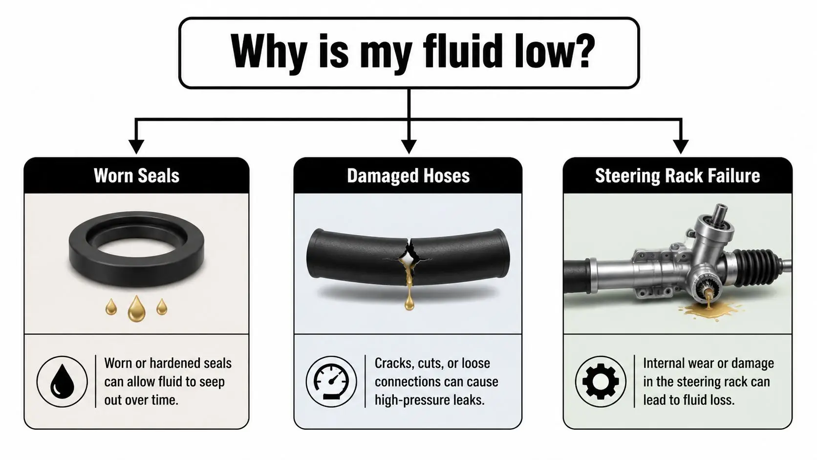 A diagram explaining three common reasons why power steering fluid levels might be low in vehicles.