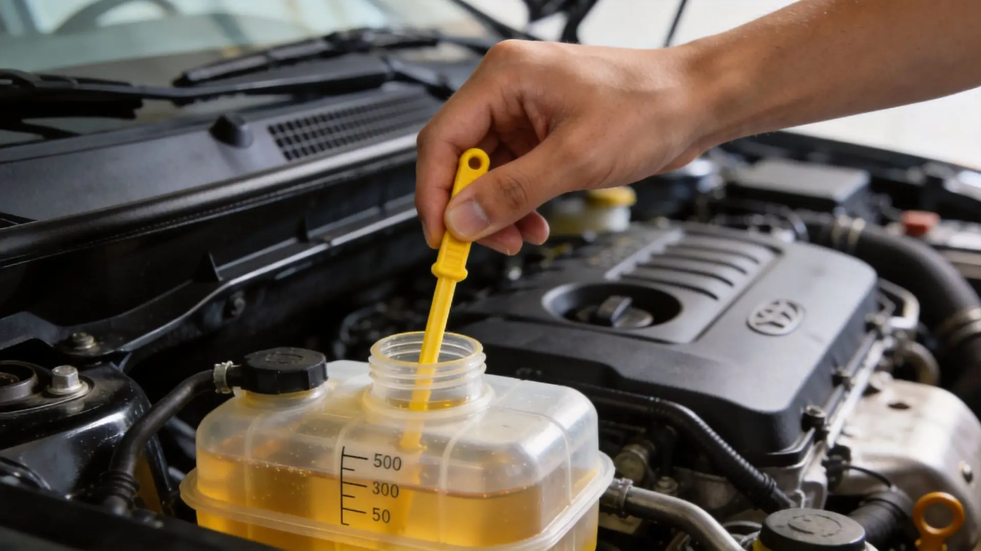 A mechanic checks the power steering fluid level in a car using a yellow dipstick into a reservoir.