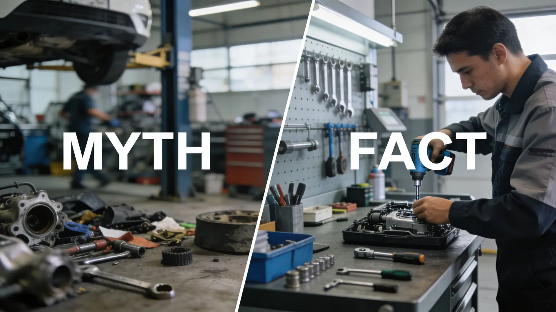 A split screen comparing a messy auto repair workshop labeled myth and a clean organized garage labeled fact.