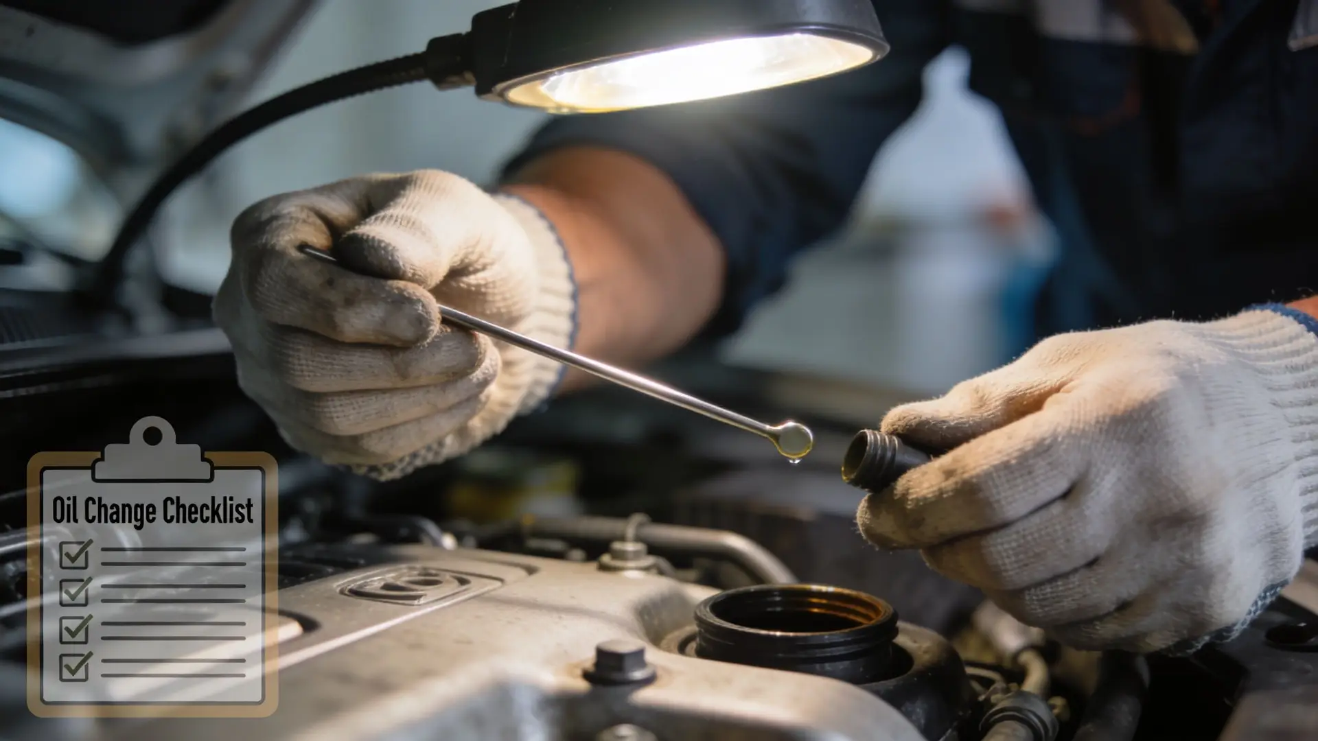 A professional mechanic wearing work gloves inspects the oil level on a dipstick inside a car engine.