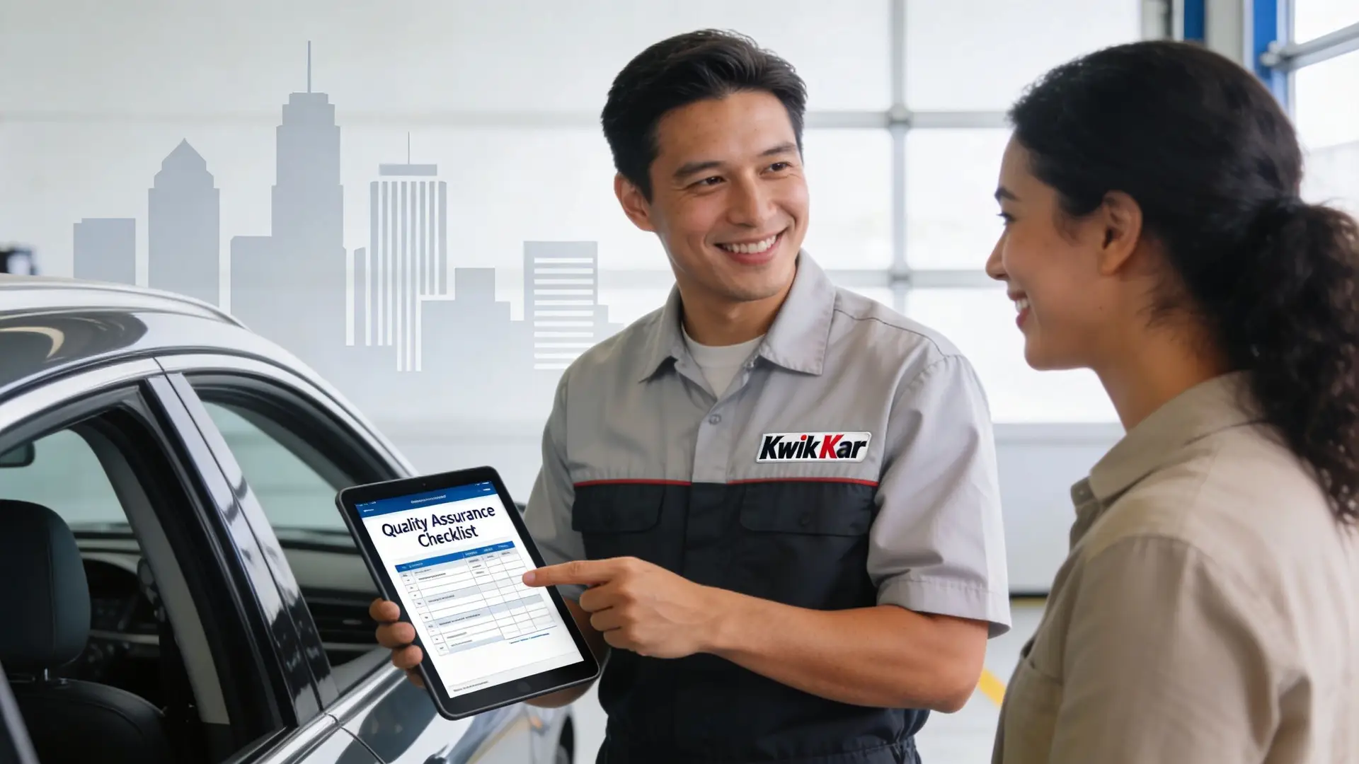 A friendly Kwik Kar technician shows a digital quality assurance checklist to a customer at a garage.