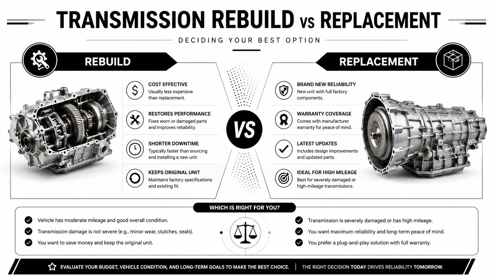 An infographic comparing transmission rebuild and replacement options to help vehicle owners make an informed repair decision.