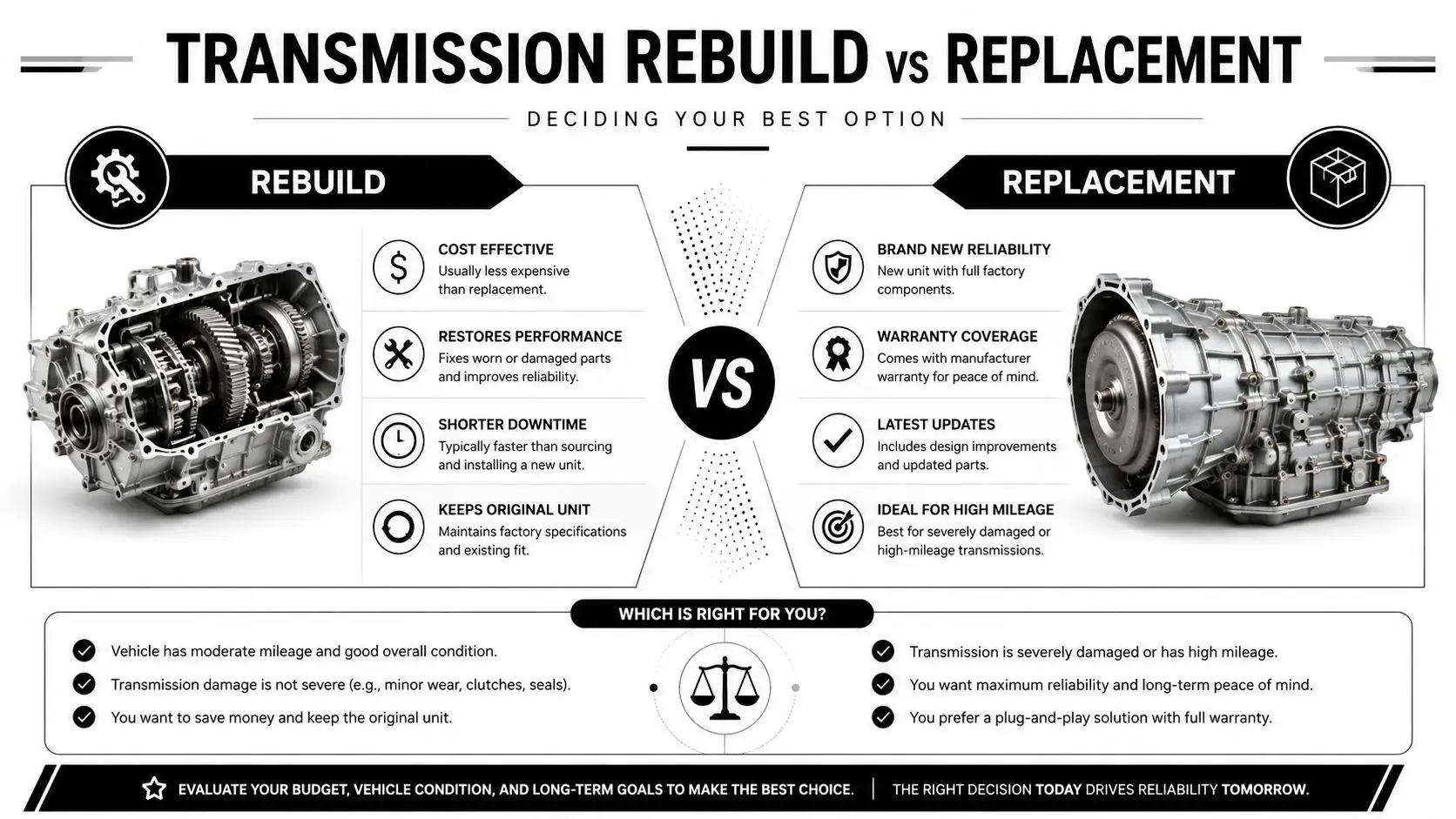 An infographic comparing transmission rebuild and replacement options to help vehicle owners make an informed repair decision.
