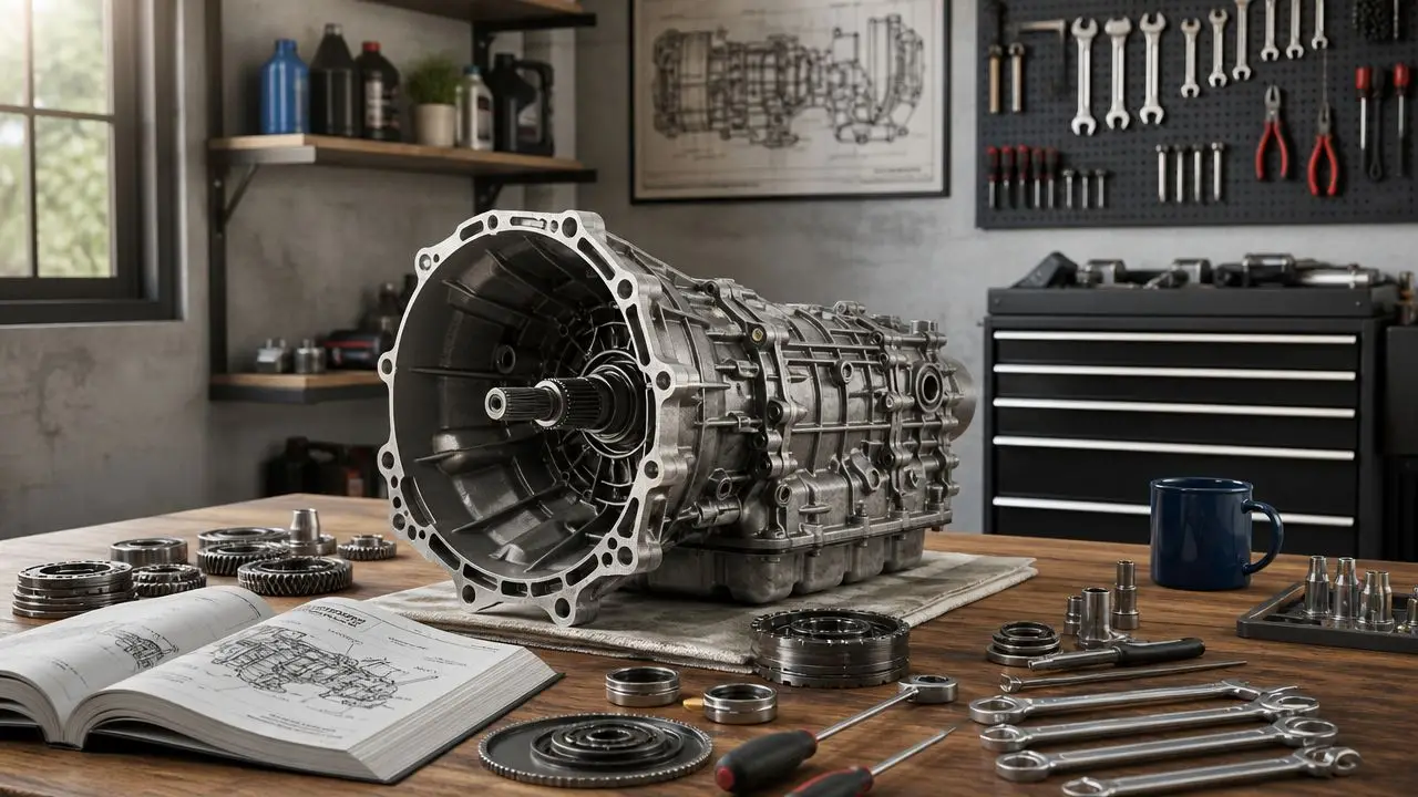 A disassembled automotive automatic transmission sitting on a wooden workshop table with technical manuals and tools.