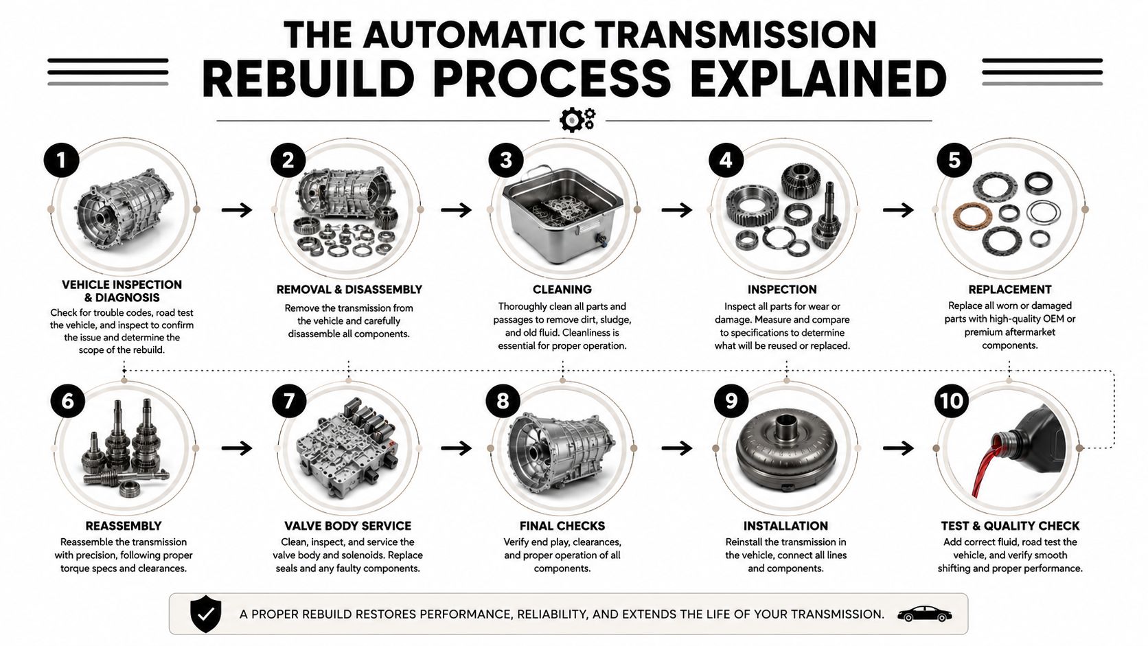An infographic detailing the ten-step process for rebuilding an automatic transmission, from initial diagnosis to final testing.