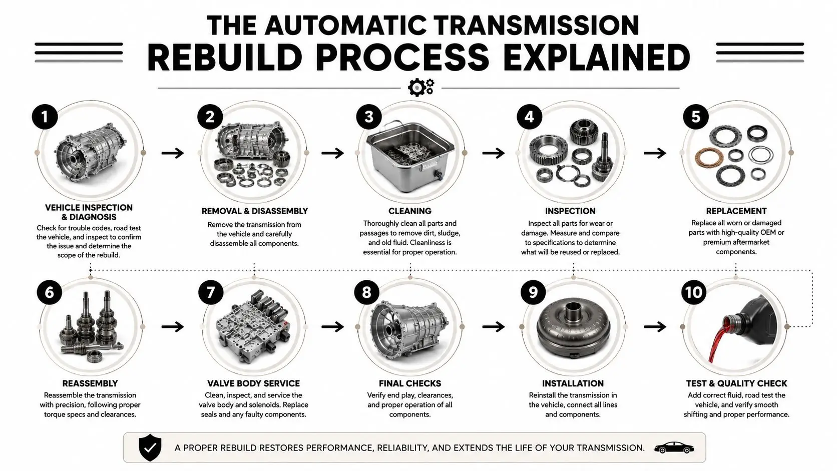 An infographic detailing the ten-step process for rebuilding an automatic transmission, from initial diagnosis to final testing.
