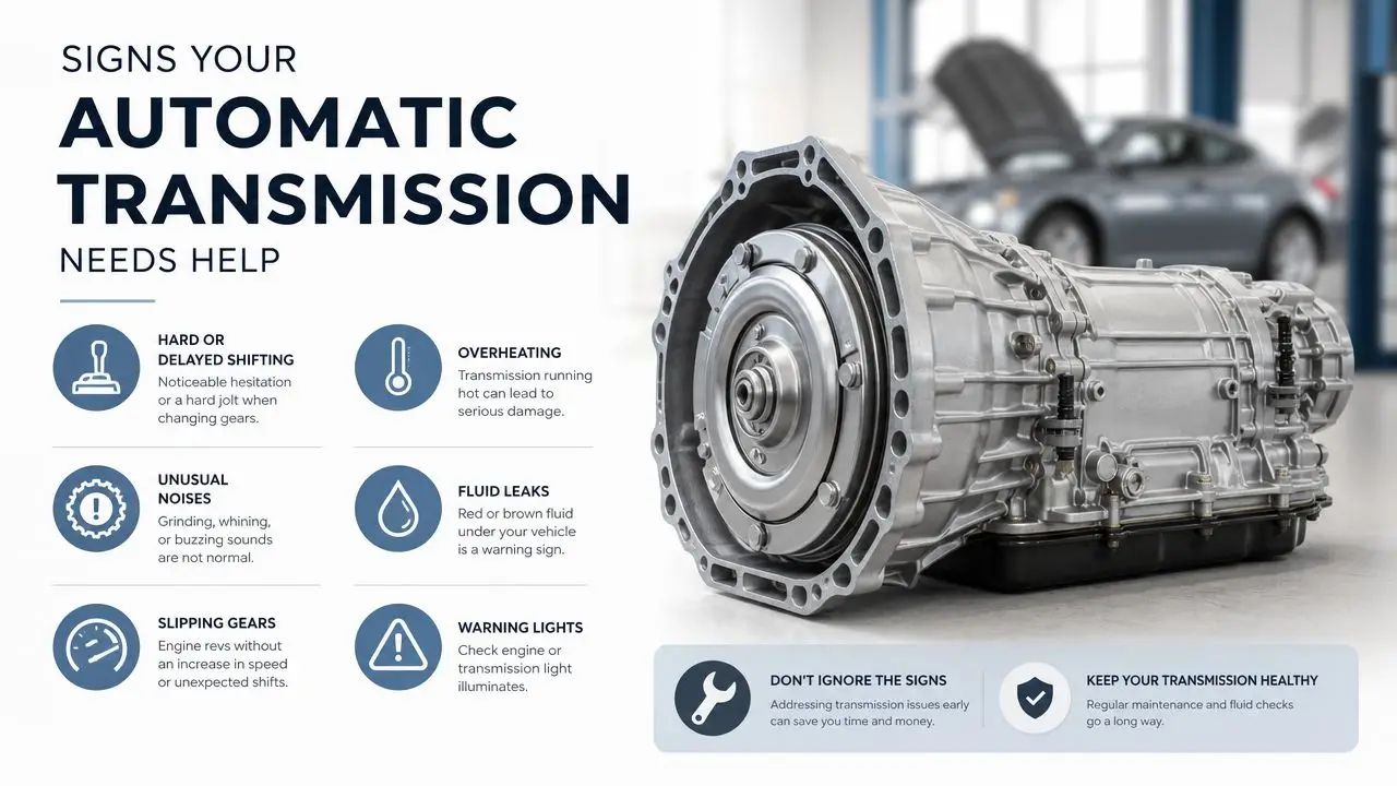 An infographic detailing the common warning signs of a failing automatic transmission in a motor vehicle.