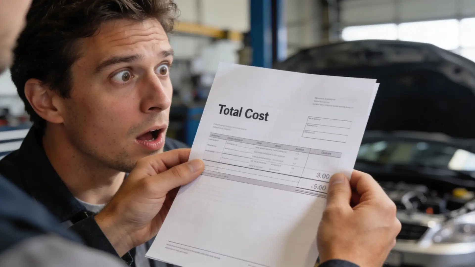 A surprised mechanic shows a customer a bill with a high total cost at an auto shop.