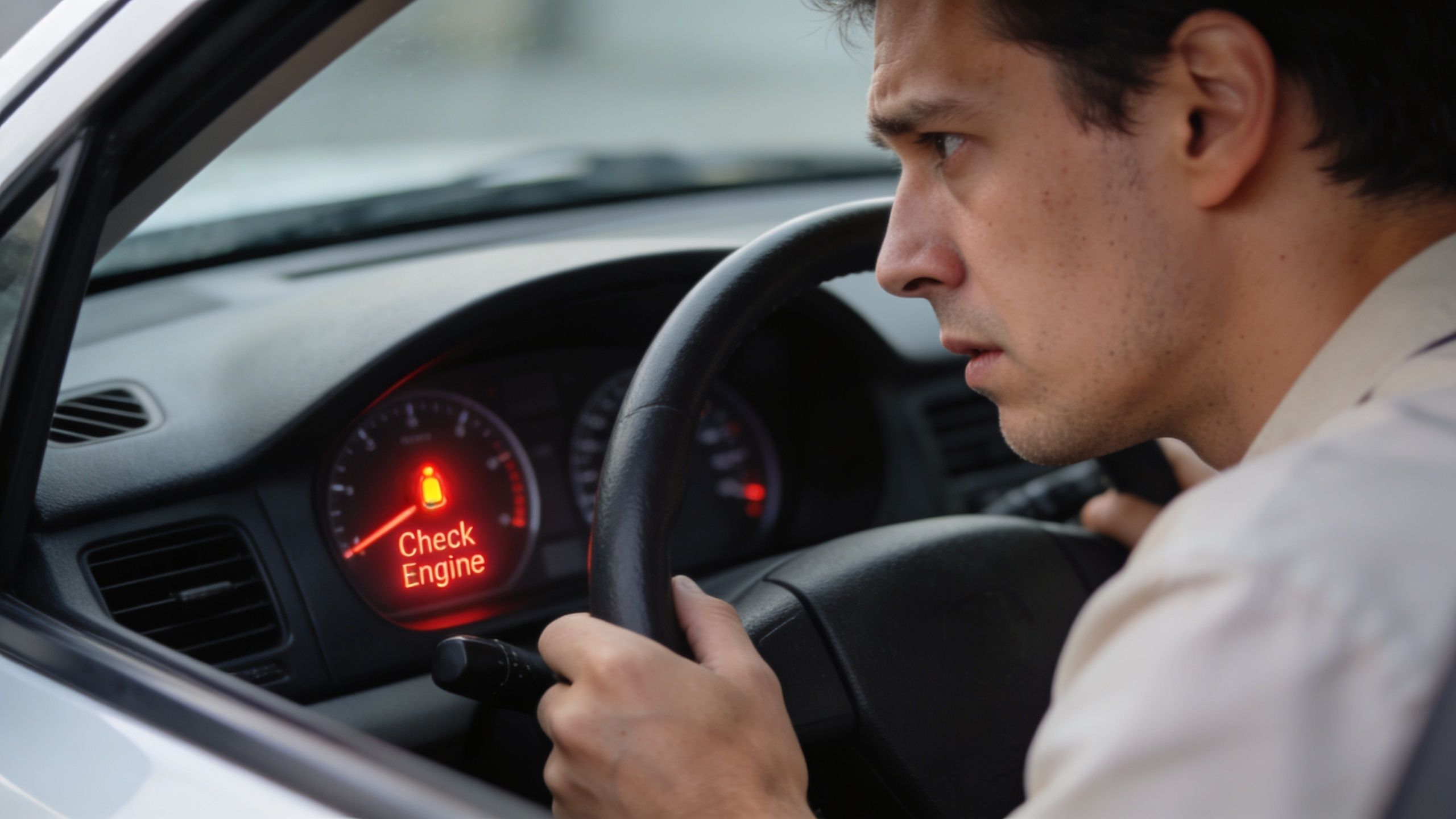 A concerned driver looking at the illuminated check engine light on their car dashboard.