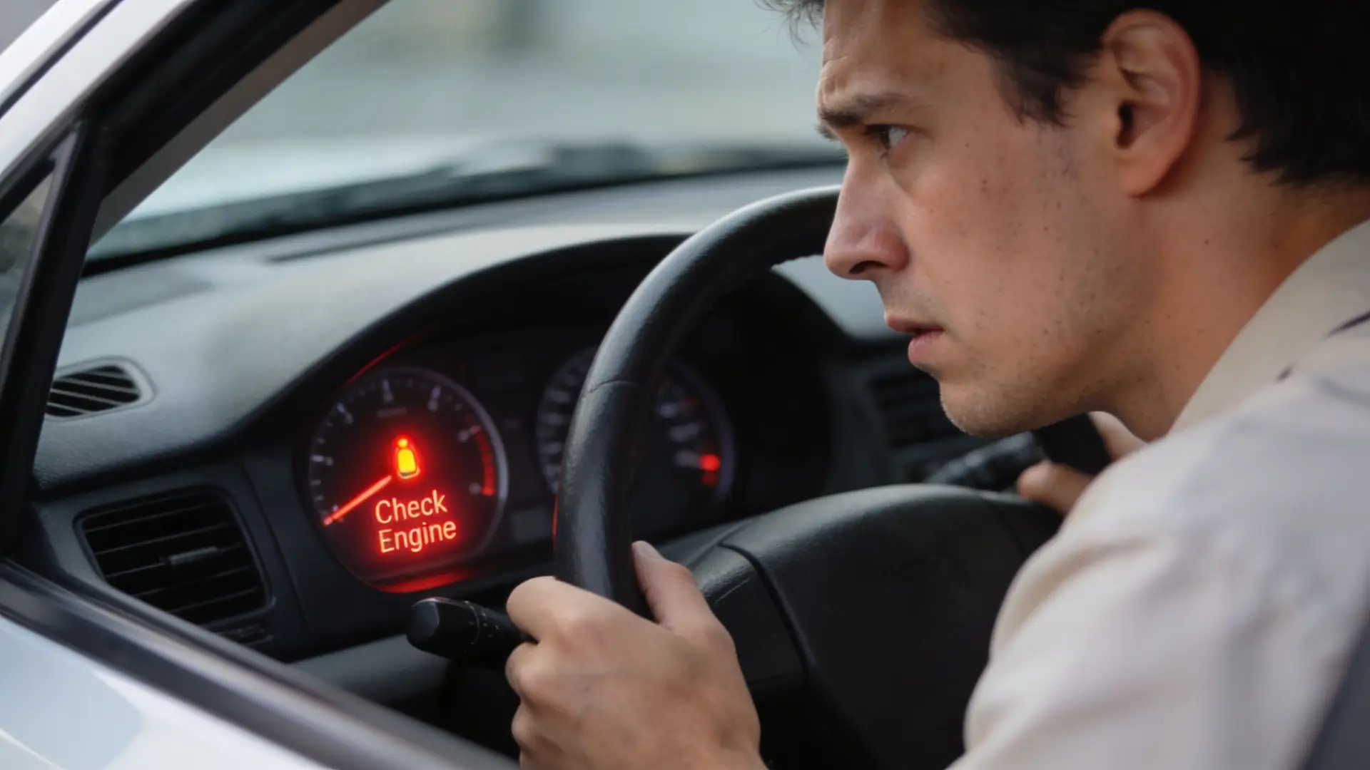 A concerned driver looking at the illuminated check engine light on their car dashboard.