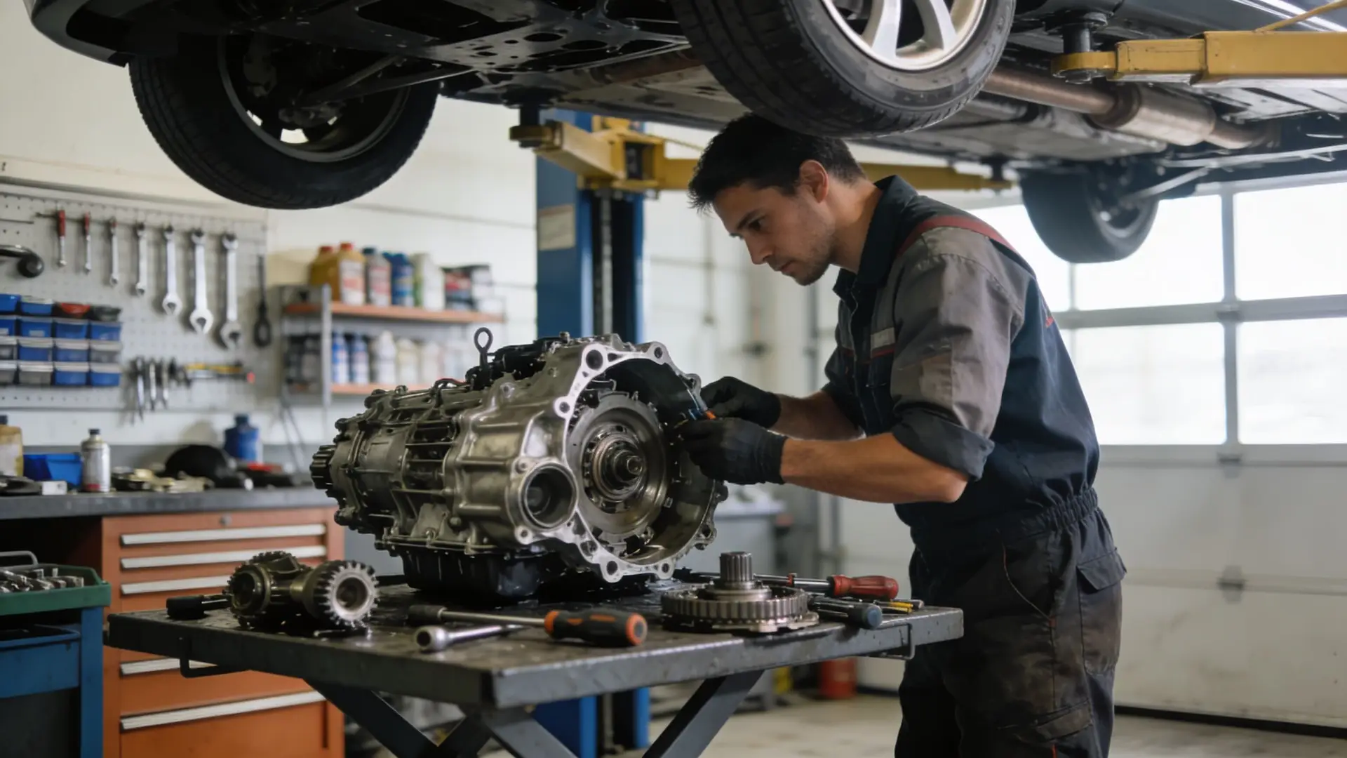 A skilled mechanic in a professional garage meticulously working on a disassembled car transmission on a workbench.